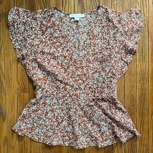 Monteau orange and blue floral ruffle sleeve top size Large